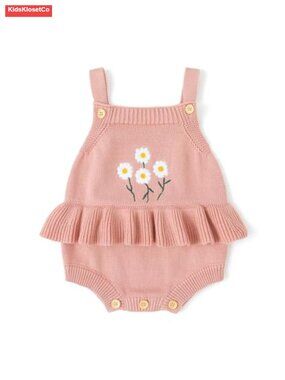 Cotton Baby Girl Knit Romper with 3D Daisy Floral, Sleeveless Adjustable